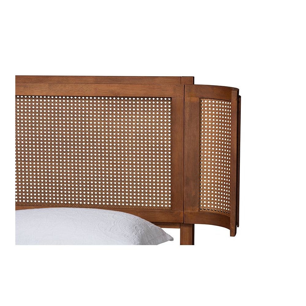 Walnut Brown Finished Wood and Natural Rattan Queen Size Platform Bed. Picture 4