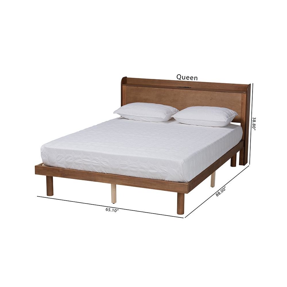 Walnut Brown Finished Wood Queen Size Platform Bed with Charging Station. Picture 11
