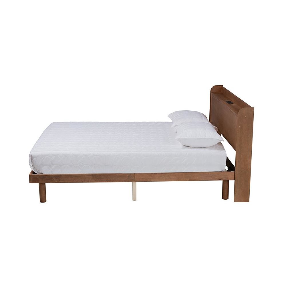 Walnut Brown Finished Wood Queen Size Platform Bed with Charging Station. Picture 2