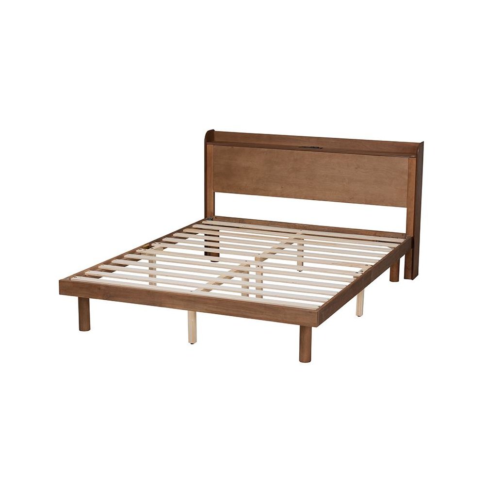 Walnut Brown Finished Wood Queen Size Platform Bed with Charging Station. Picture 3