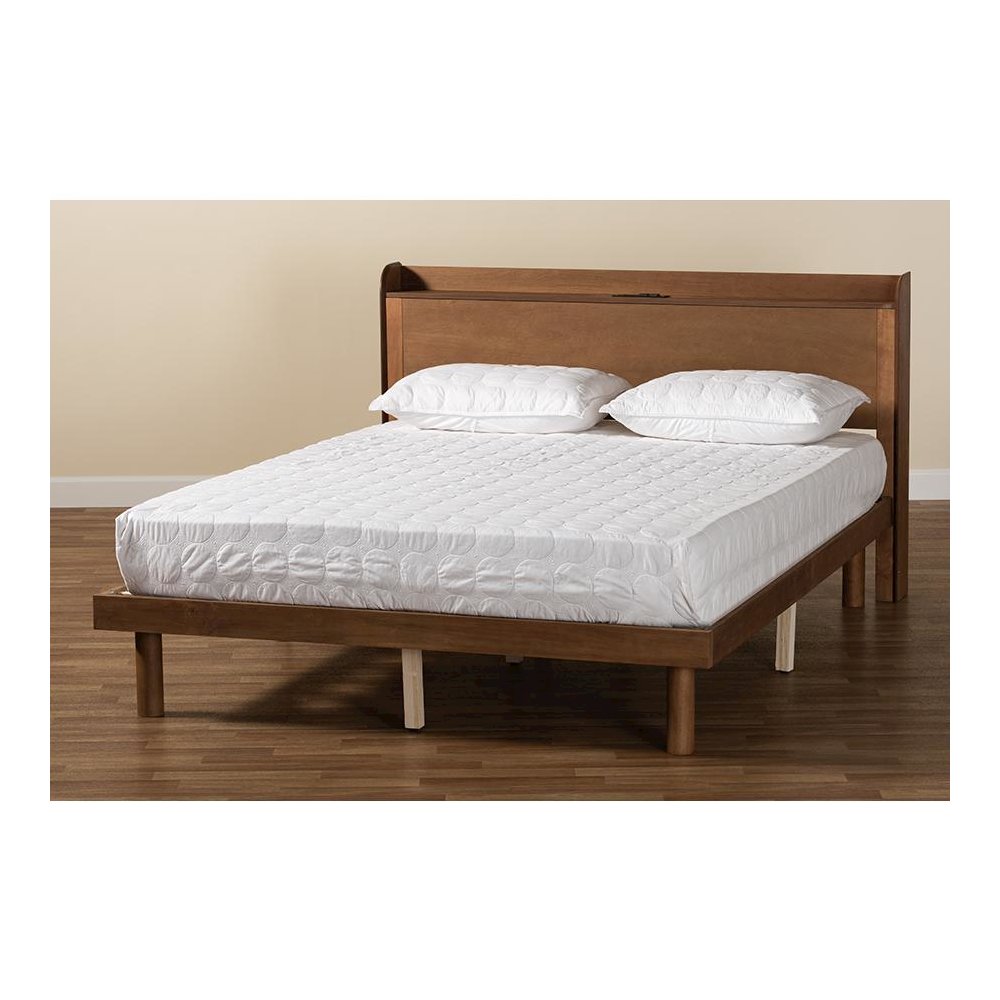 Walnut Brown Finished Wood Queen Size Platform Bed with Charging Station. Picture 9