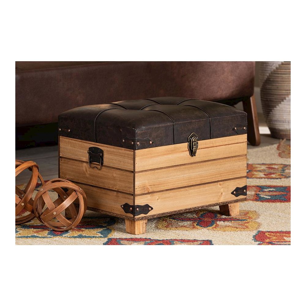 Leather Upholstered and Oak Brown Finished Wood Storage Ottoman. Picture 29