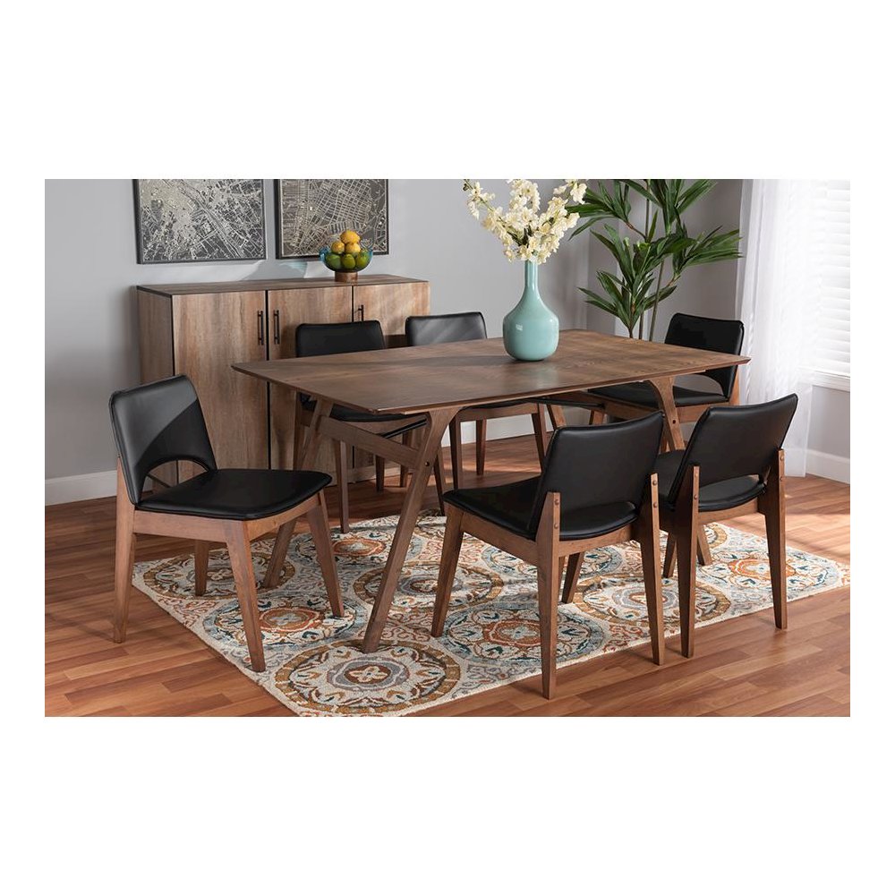 Leather Upholstered and Walnut Brown Finished Wood 7-Piece Dining Set. Picture 19
