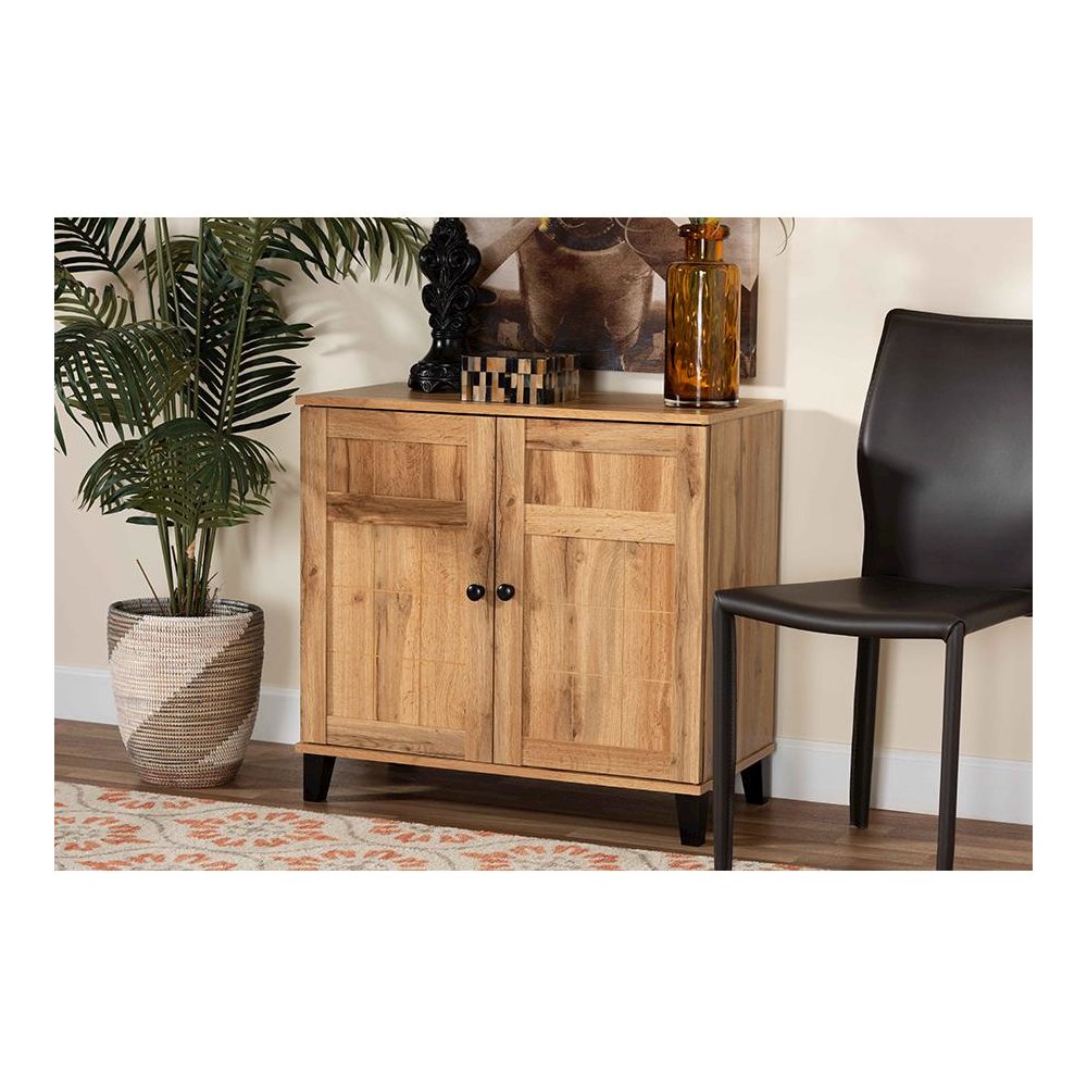 Oak Brown Finished Wood 2-Door Shoe Storage Cabinet. Picture 25