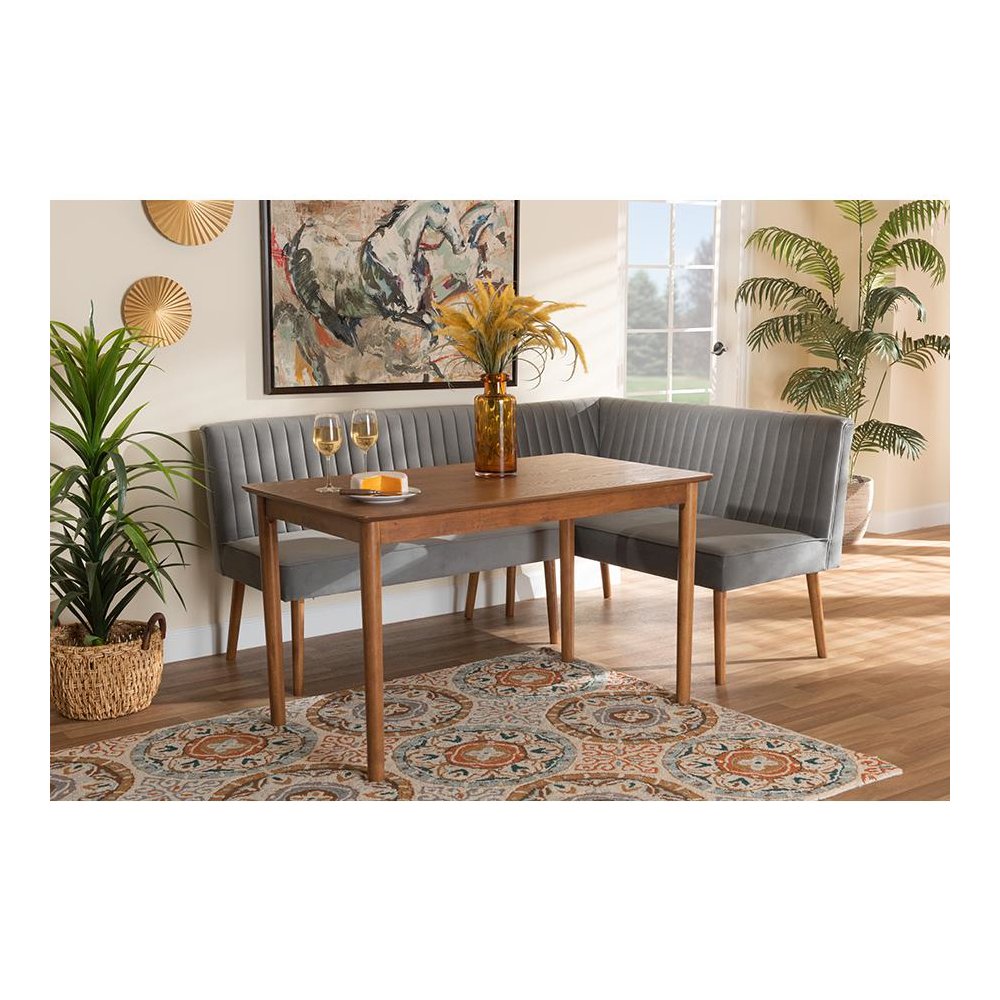 Grey Velvet Upholstered and Walnut Brown Finished Wood 3-Piece Dining Nook Set. Picture 23