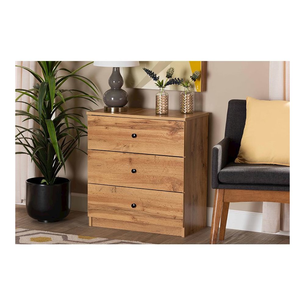 Decon Modern and Contemporary Oak Brown Finished Wood 3-Drawer Storage Chest. Picture 17