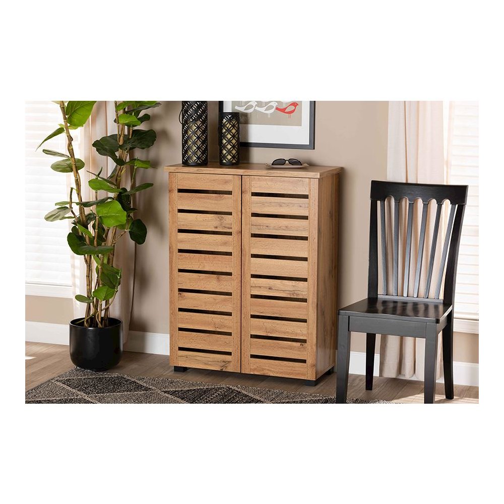 Oak Brown Finished Wood 2-Door Shoe Storage Cabinet. Picture 23