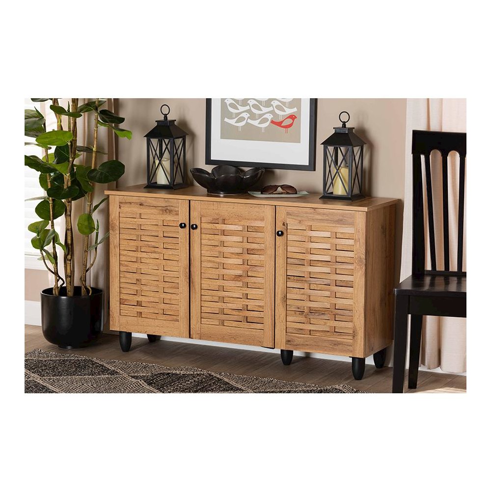Winda Modern and Contemporary Oak Brown Finished Wood 3-Door Shoe Cabinet. Picture 23
