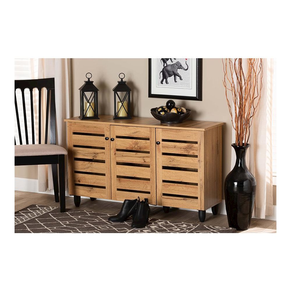 Oak Brown Finished Wood 3-Door Shoe Storage Cabinet. Picture 21