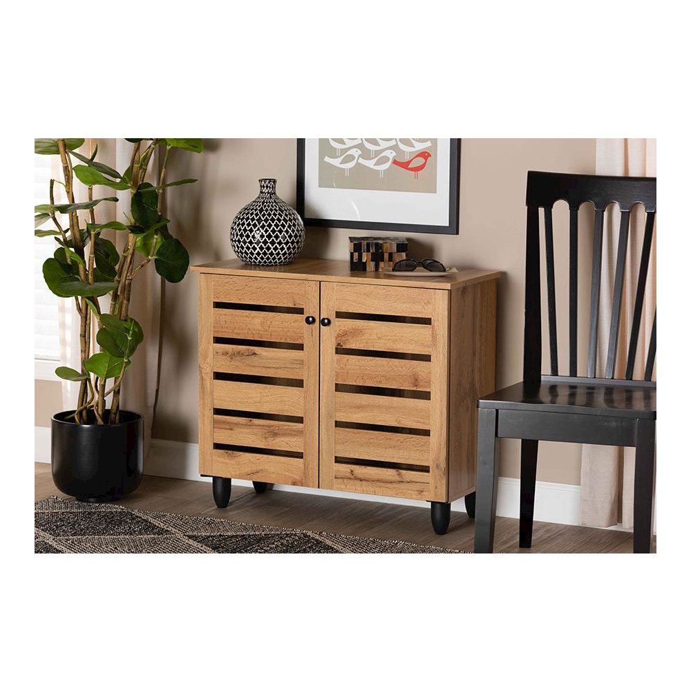 Oak Brown Finished Wood 2-Door Shoe Storage Cabinet. Picture 21