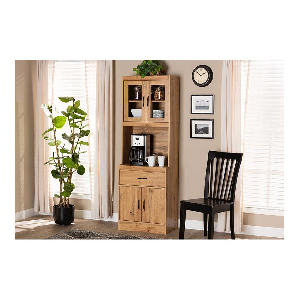 Oak Brown Finished Wood Kitchen Cabinet and Hutch. Picture 17