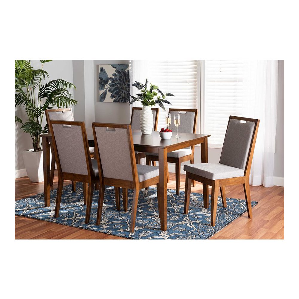 Grey Fabric Upholstered and Walnut Brown Finished Wood 7-Piece Dining Set. Picture 21