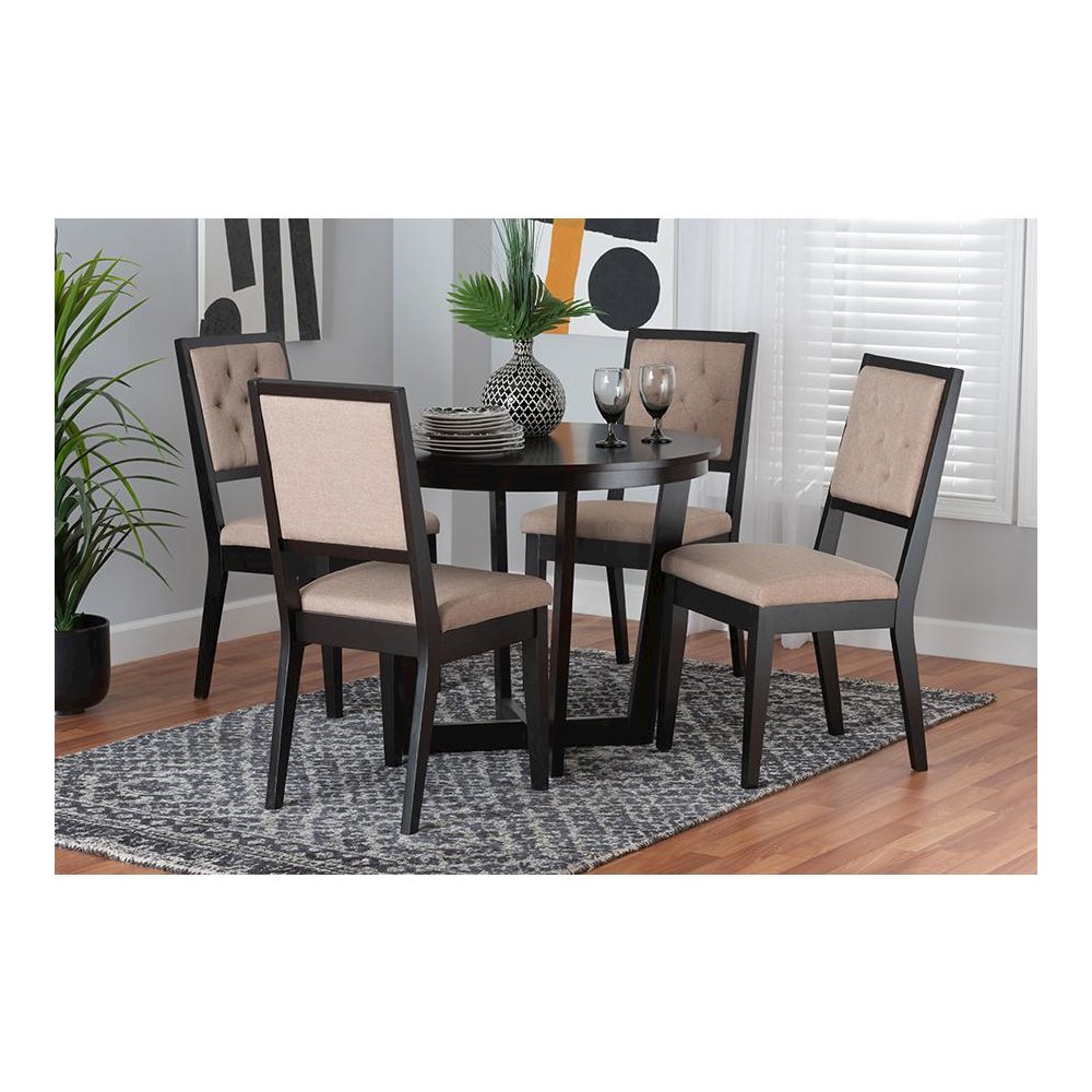 Kala Modern Beige Fabric and Dark Brown Finished Wood 5-Piece Dining Set. Picture 21