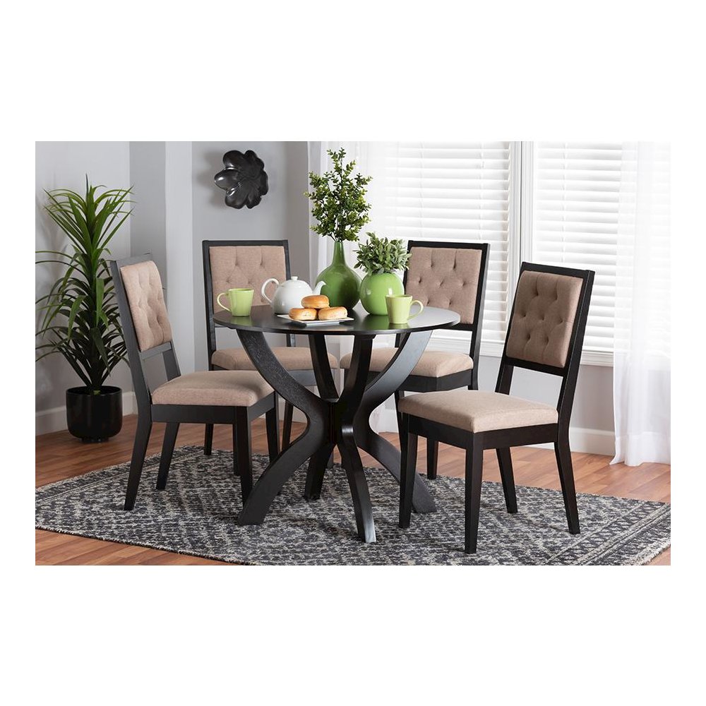 Noe Modern Sand Fabric and Dark Brown Finished Wood 5-Piece Dining Set. Picture 21
