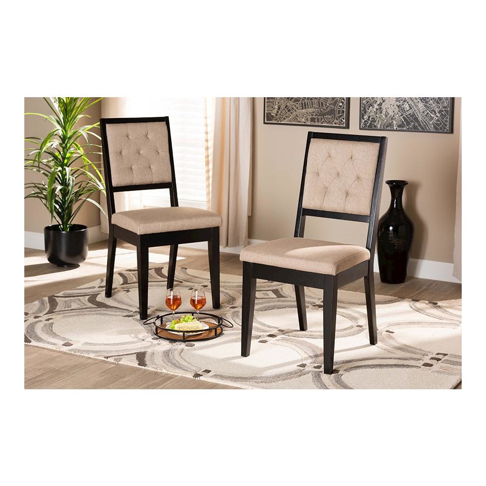 Sand Fabric Upholstered and Dark Brown Finished Wood 2-Piece Dining Chair Set. Picture 19