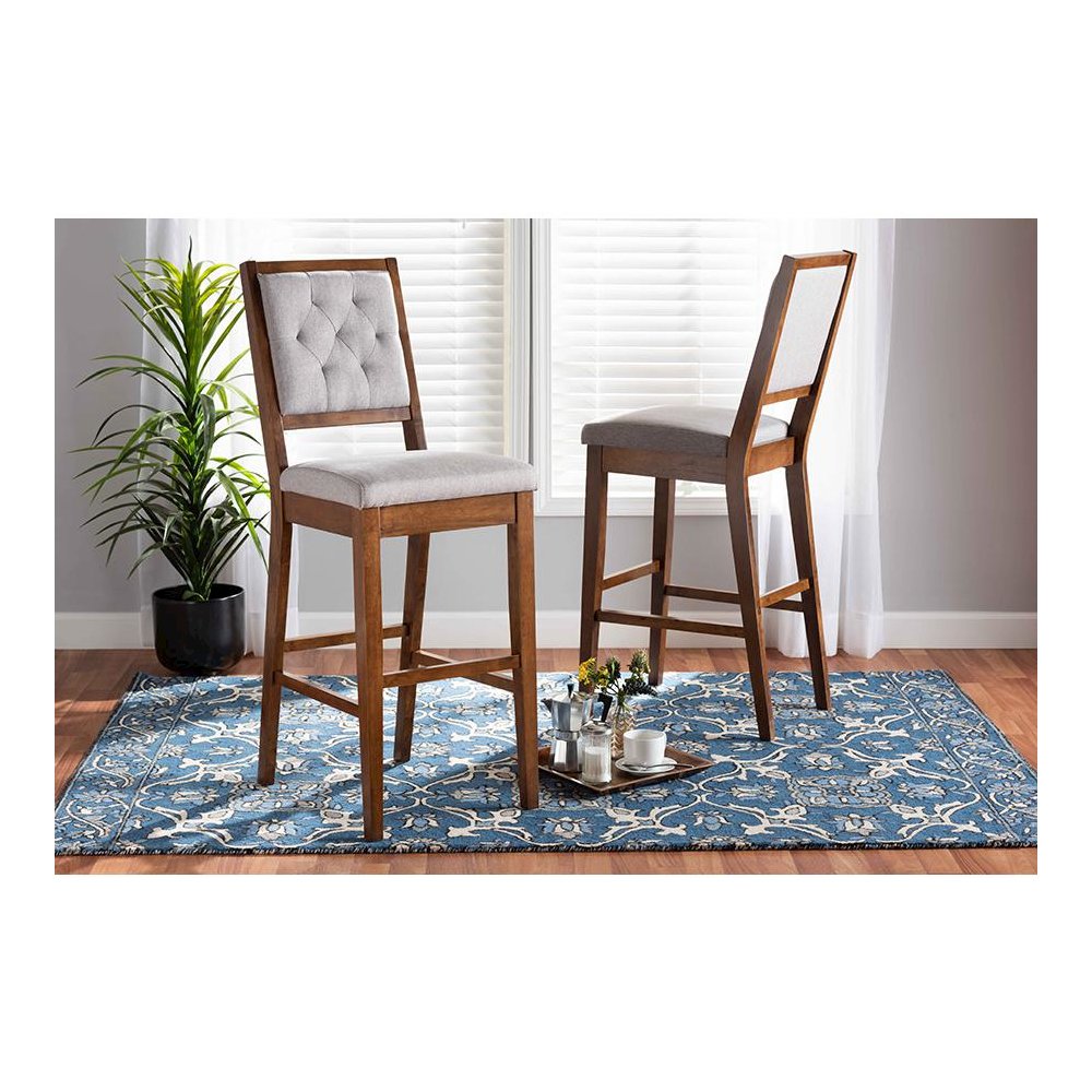 Grey Fabric Upholstered and Walnut Brown Finished Wood 2-Piece Bar Stool Set. Picture 19