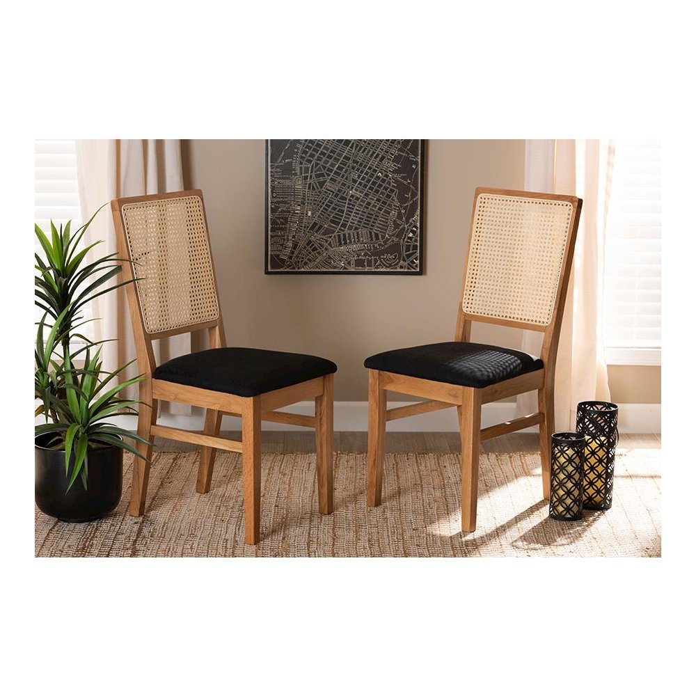 Black Fabric Upholstered and Oak brown Finished 2-Piece Rattan Dining Chair Set. Picture 19