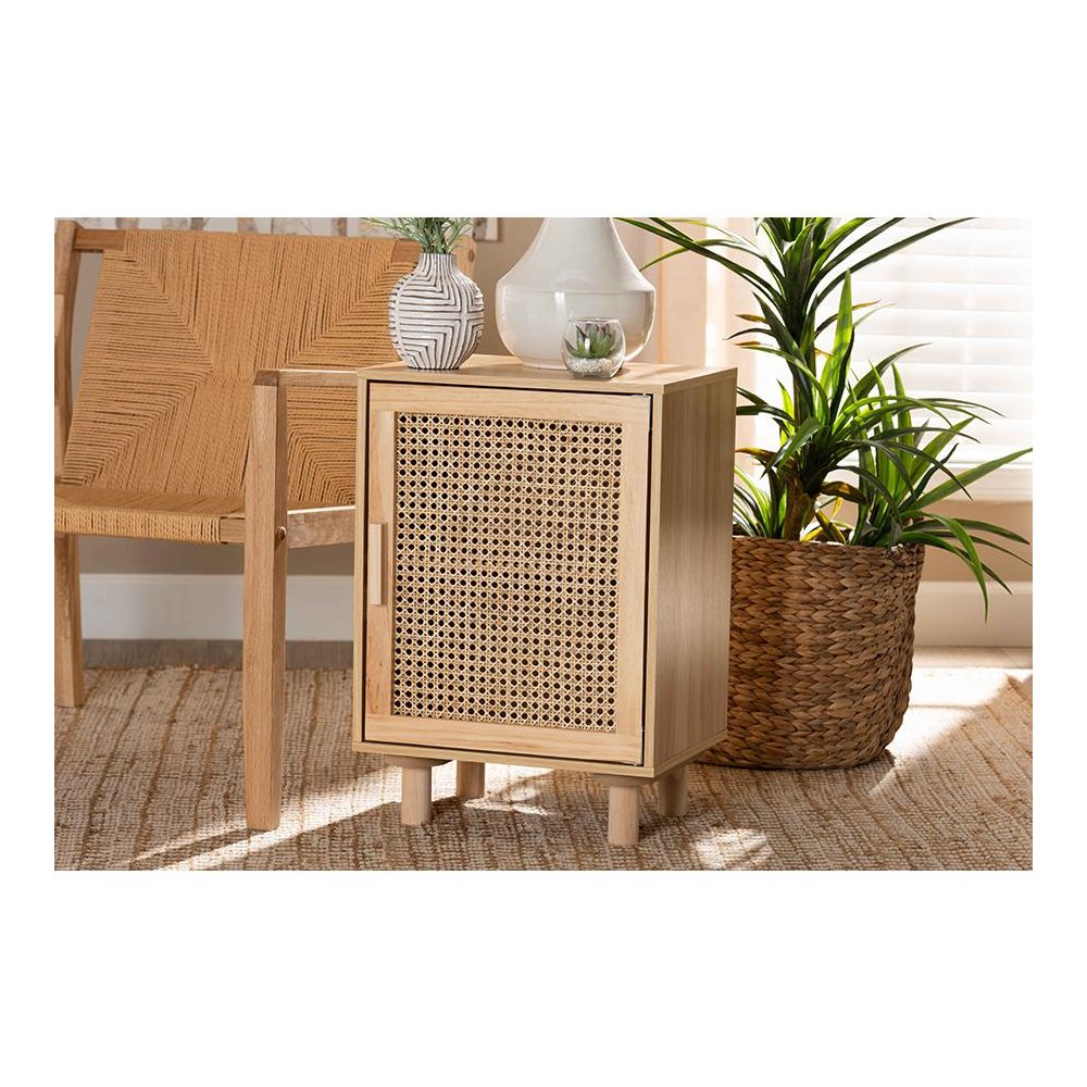 Rattan and Natural Brown Finished Wood 1-Door End Table. Picture 23