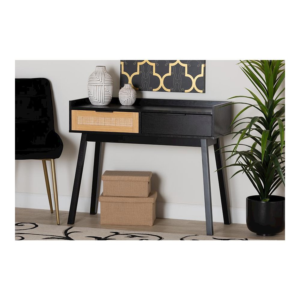 Two-Tone Espresso Brown and Natural Brown Finished Wood 2-Drawer Console Table. Picture 23