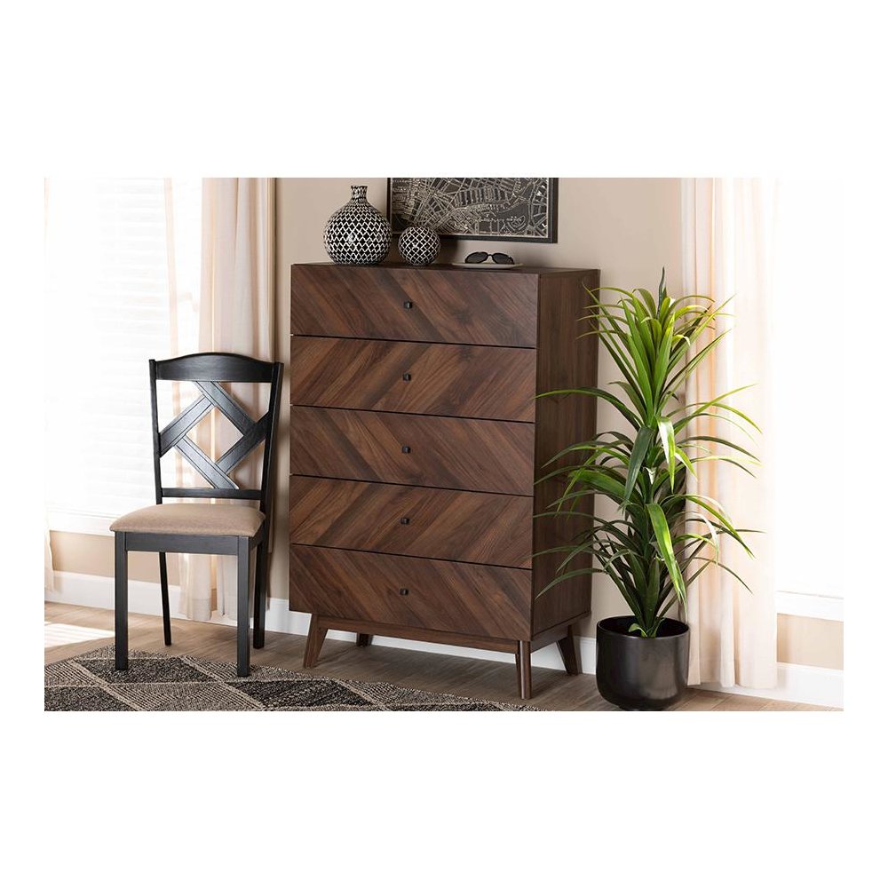 Hartman Mid-Century Modern Walnut Brown Finished Wood 5-Drawer Storage Chest. Picture 21