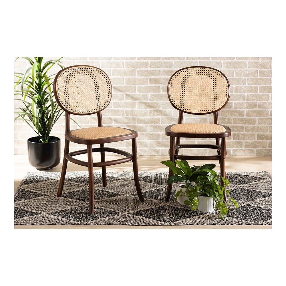 Brown Woven Rattan and Walnut Brown Wood 2-Piece Cane Dining Chair Set. Picture 17