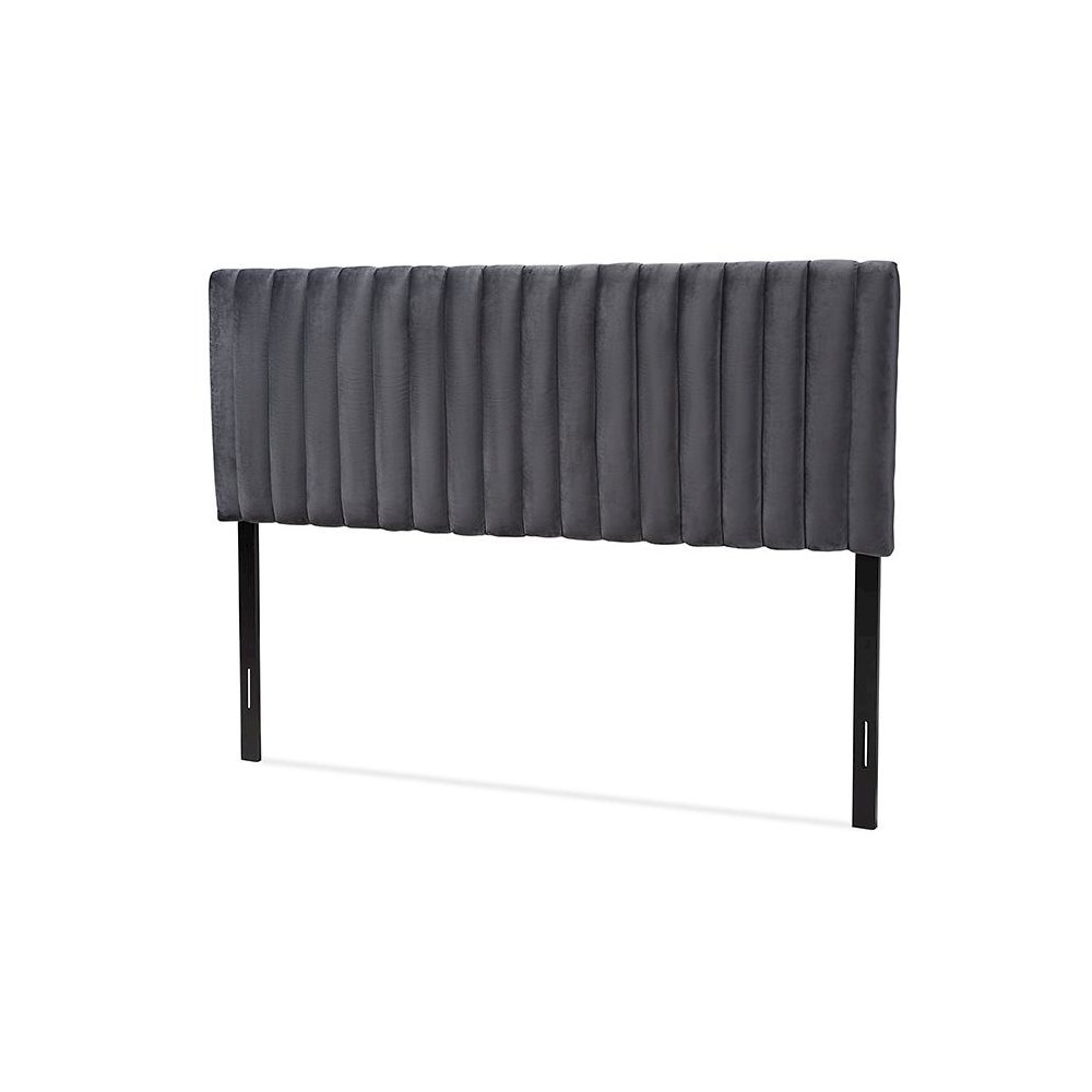 Grey Velvet Fabric Upholstered and Dark Brown Finished Wood King Size Headboard. Picture 1