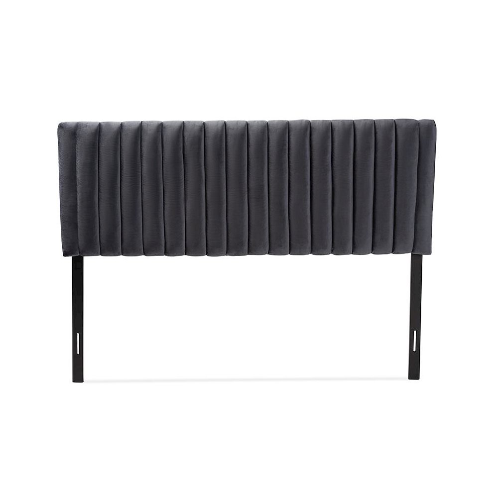 Grey Velvet Fabric Upholstered and Dark Brown Finished Wood King Size Headboard. Picture 2