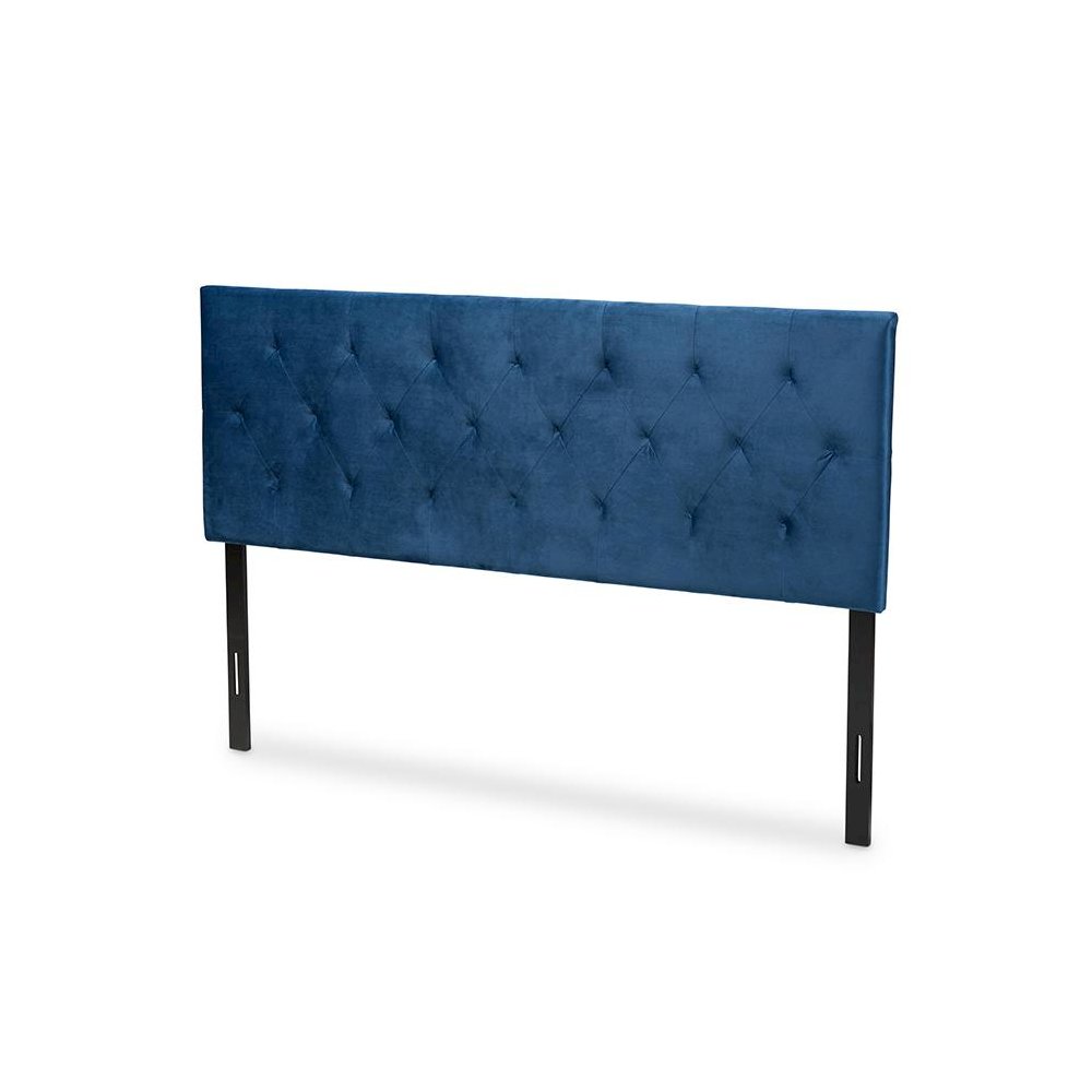 Navy Blue Velvet Fabric Upholstered Queen Size Headboard. Picture 1