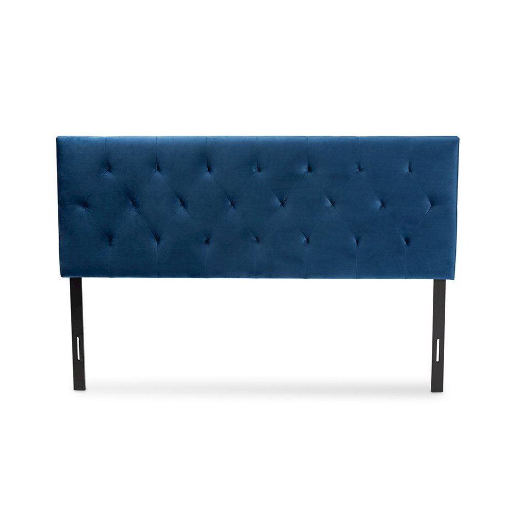 Navy Blue Velvet Fabric Upholstered Queen Size Headboard. Picture 2