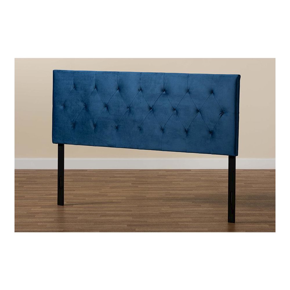 Navy Blue Velvet Fabric Upholstered Queen Size Headboard. Picture 5