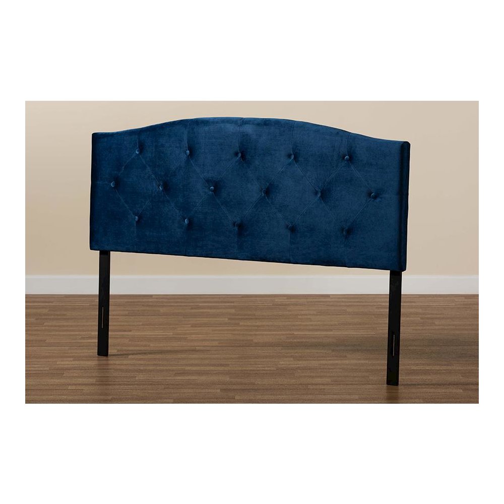Navy Blue Velvet Fabric Upholstered Queen Size Headboard. Picture 5