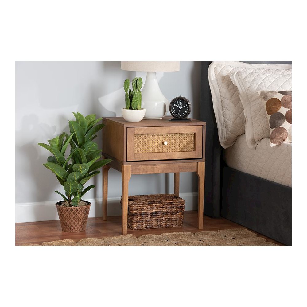 Ash Walnut Finished Wood and Rattan 1-Drawer Nightstand. Picture 21