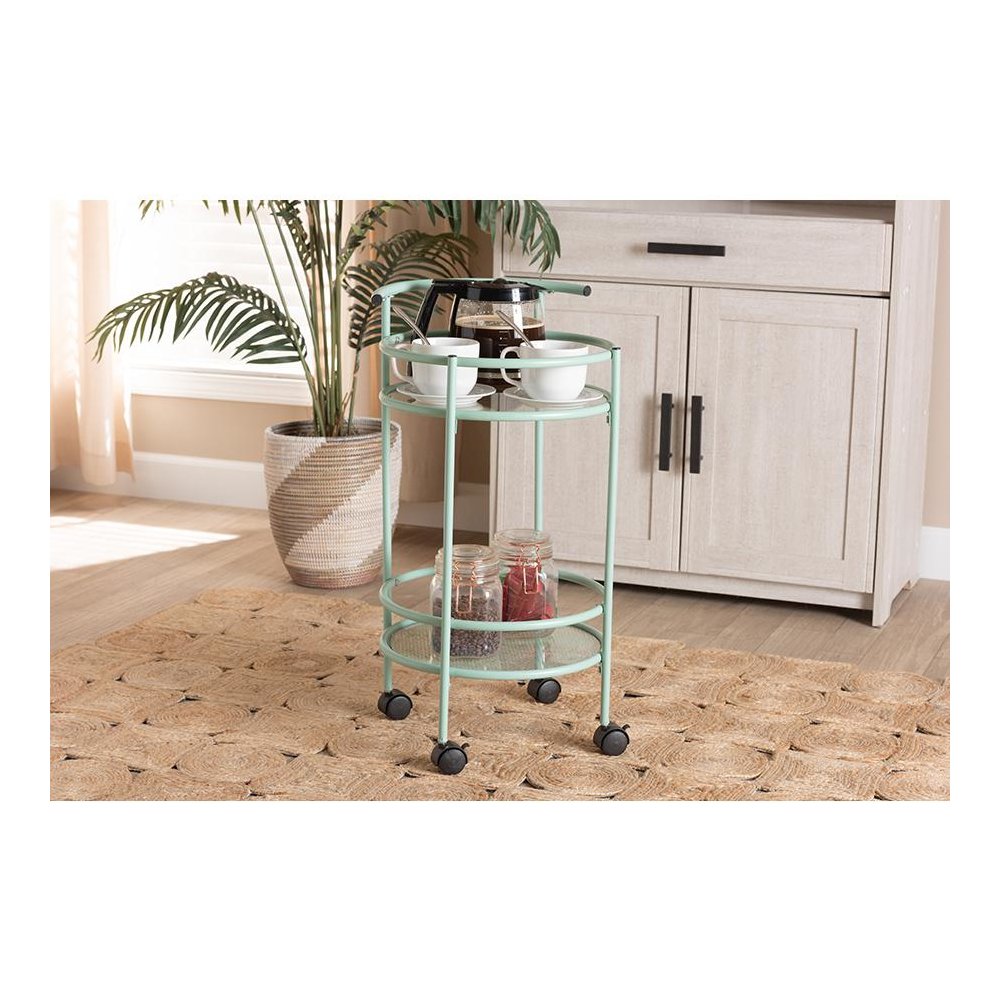 Newell Mid-Century Modern Mint Green Finished Metal 2-Tier Kitchen Cart. Picture 17