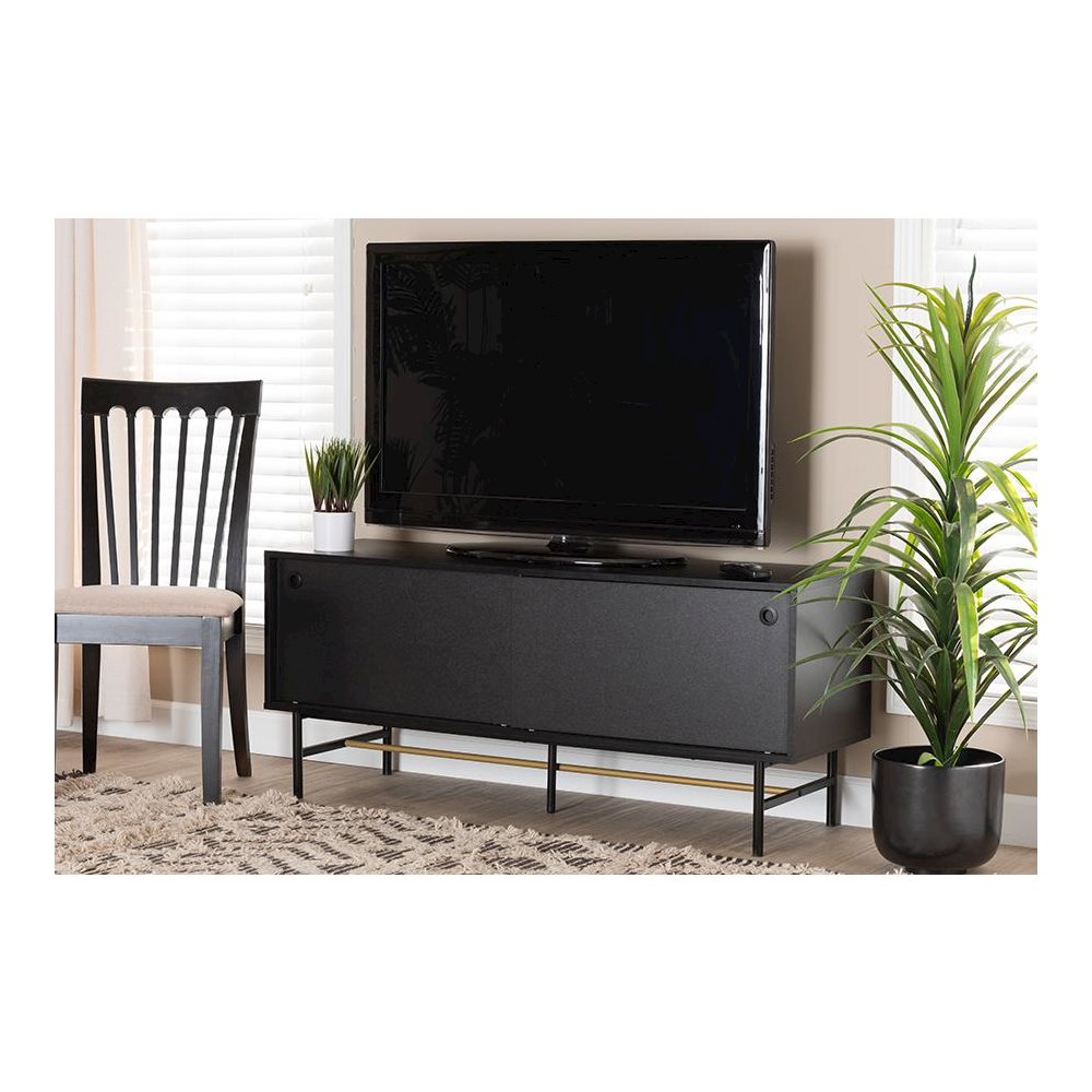 Dark Brown Finished Wood and Two-Tone Black and Gold Metal TV Stand. Picture 21