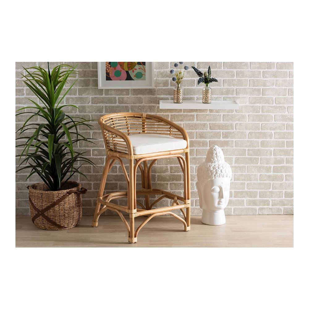 Bohemian White Fabric Upholstered and Natural Brown Rattan Counter Stool. Picture 21