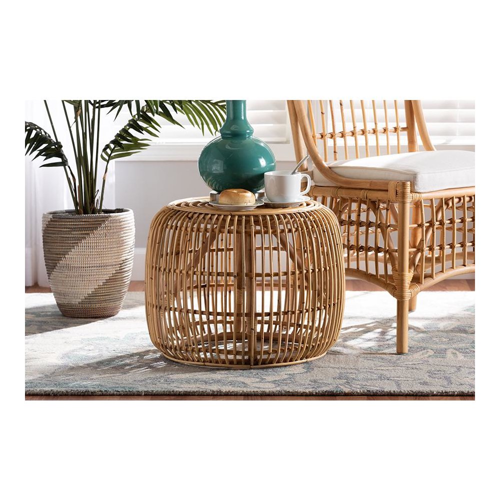 bali & pari Maverick Modern Bohemian Natural Brown Rattan End table. Picture 13