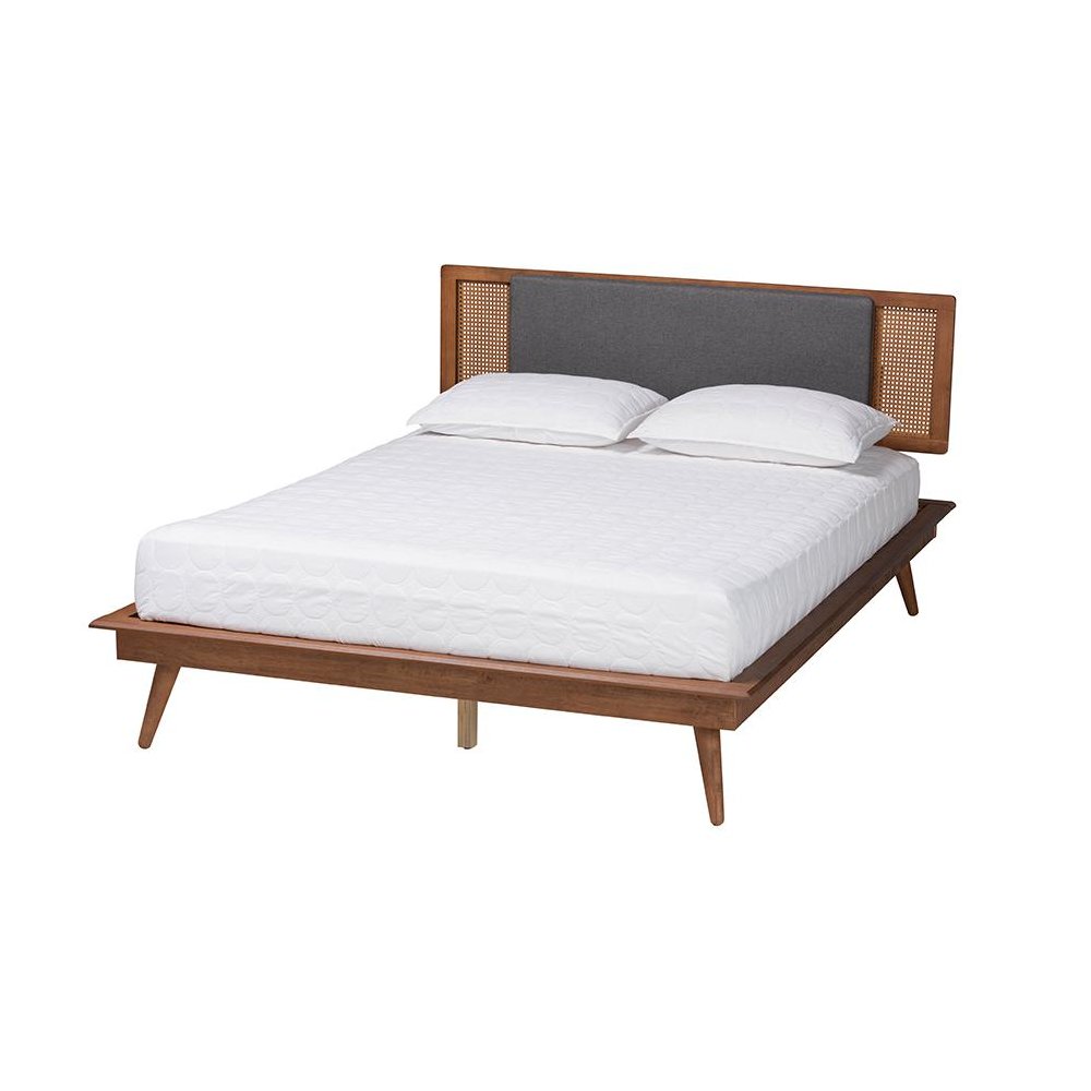 Dark Grey Fabric and Walnut Brown Finished Wood Queen Size Platform Bed. Picture 1