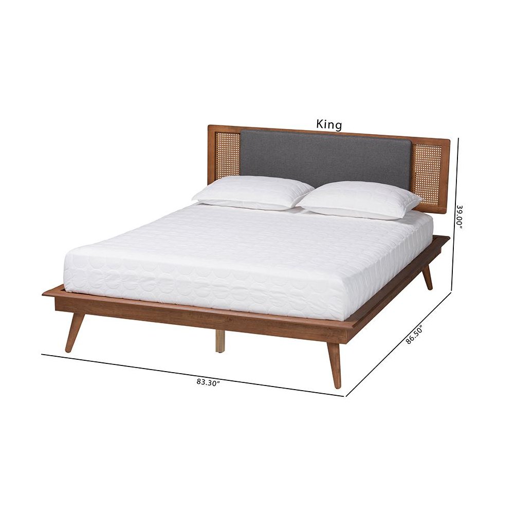Dark Grey Fabric and Walnut Brown Finished Wood Queen Size Platform Bed. Picture 11