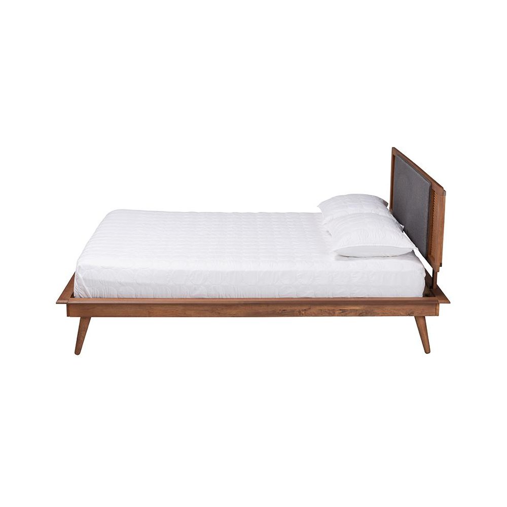 Dark Grey Fabric and Walnut Brown Finished Wood Queen Size Platform Bed. Picture 2
