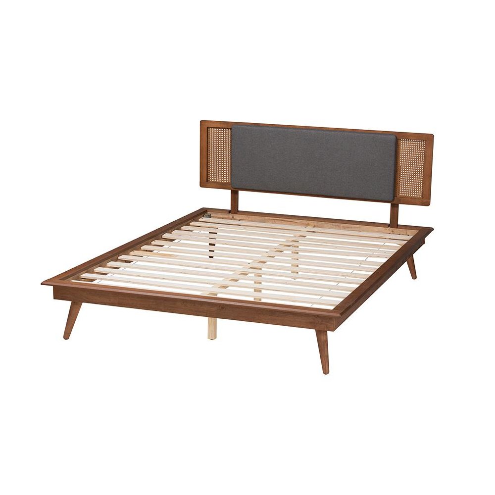 Dark Grey Fabric and Walnut Brown Finished Wood Queen Size Platform Bed. Picture 3