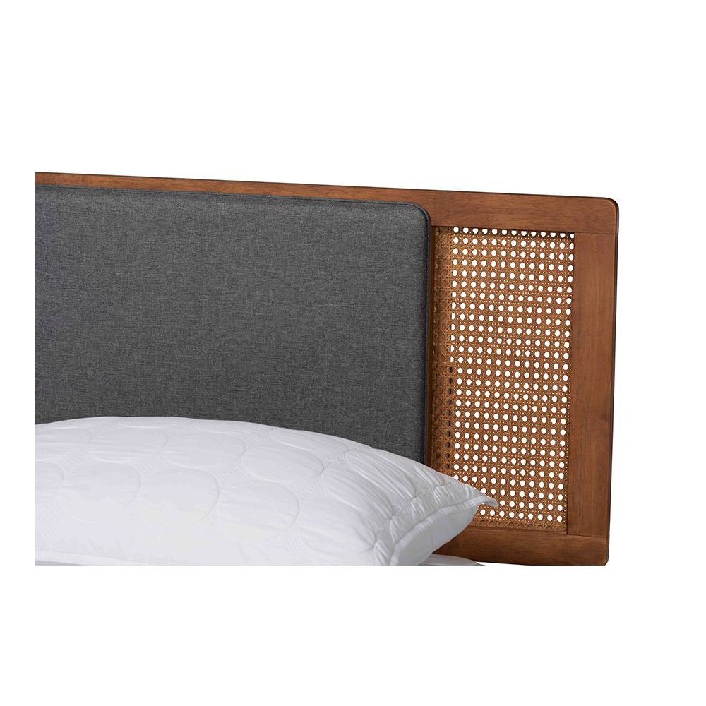 Dark Grey Fabric and Walnut Brown Finished Wood Queen Size Platform Bed. Picture 4