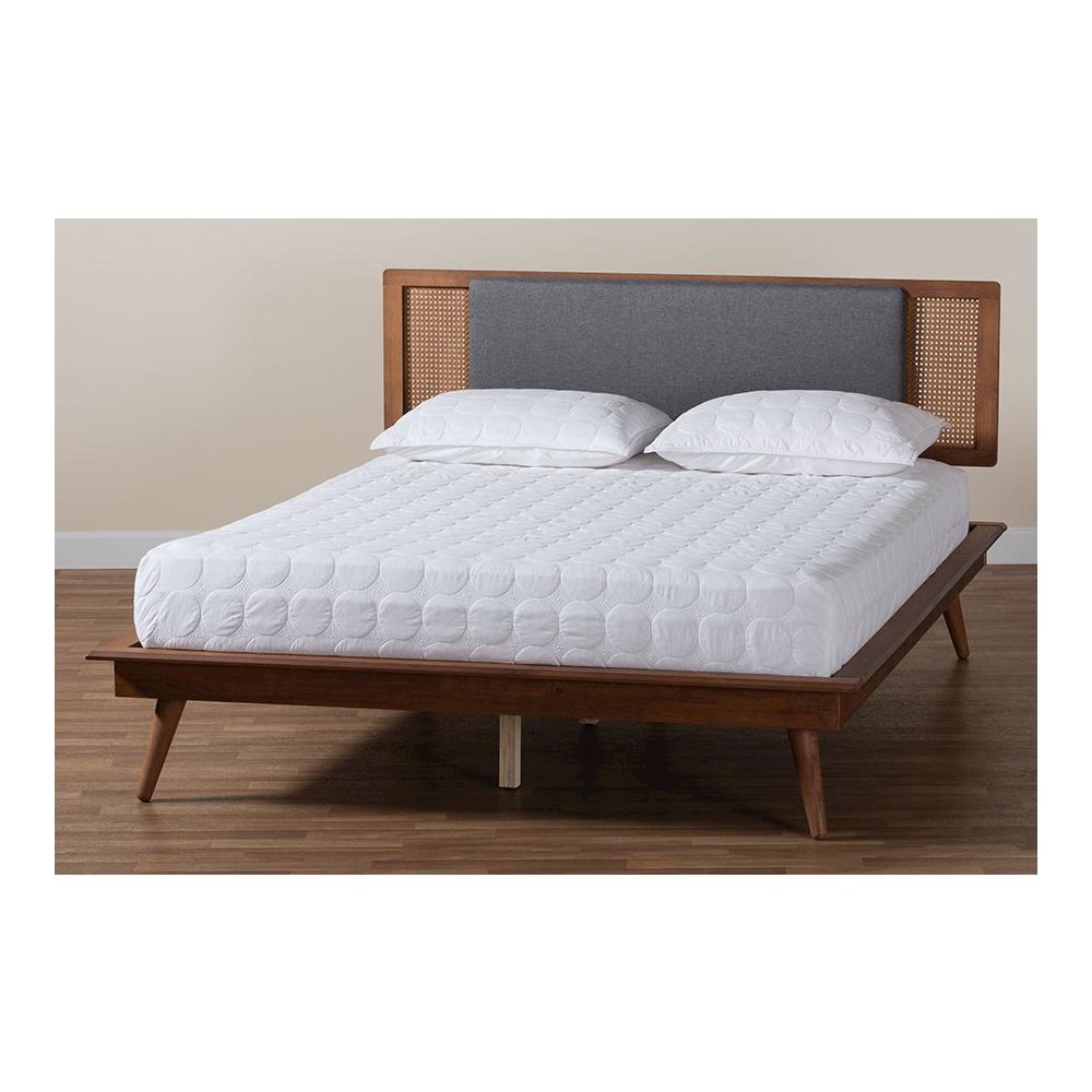 Dark Grey Fabric and Walnut Brown Finished Wood Queen Size Platform Bed. Picture 8