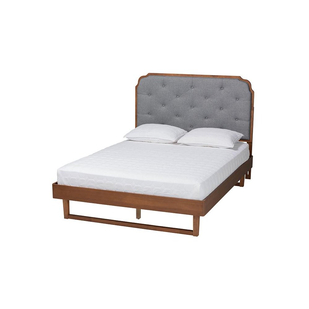 Grey Fabric and Walnut Brown Wood King Size Platform Bed. Picture 1