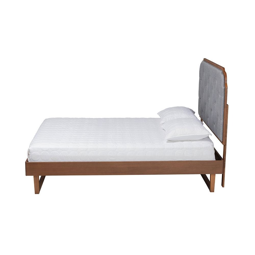 Grey Fabric and Walnut Brown Wood King Size Platform Bed. Picture 2