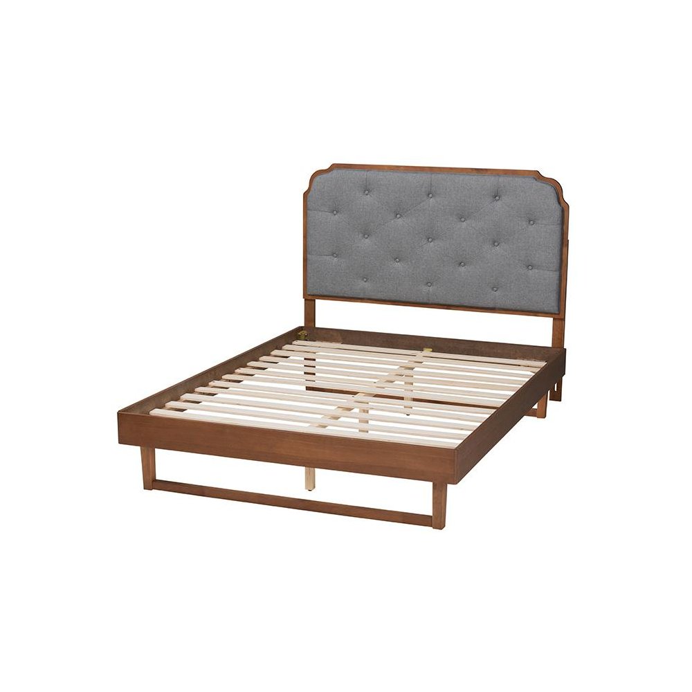 Grey Fabric and Walnut Brown Wood King Size Platform Bed. Picture 3