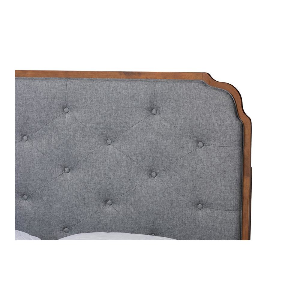Grey Fabric and Walnut Brown Wood King Size Platform Bed. Picture 4