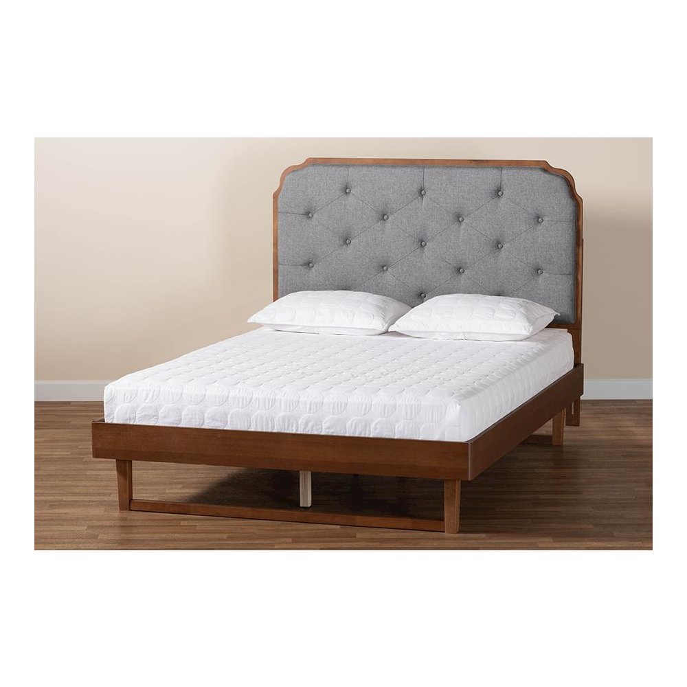 Grey Fabric and Walnut Brown Wood King Size Platform Bed. Picture 8