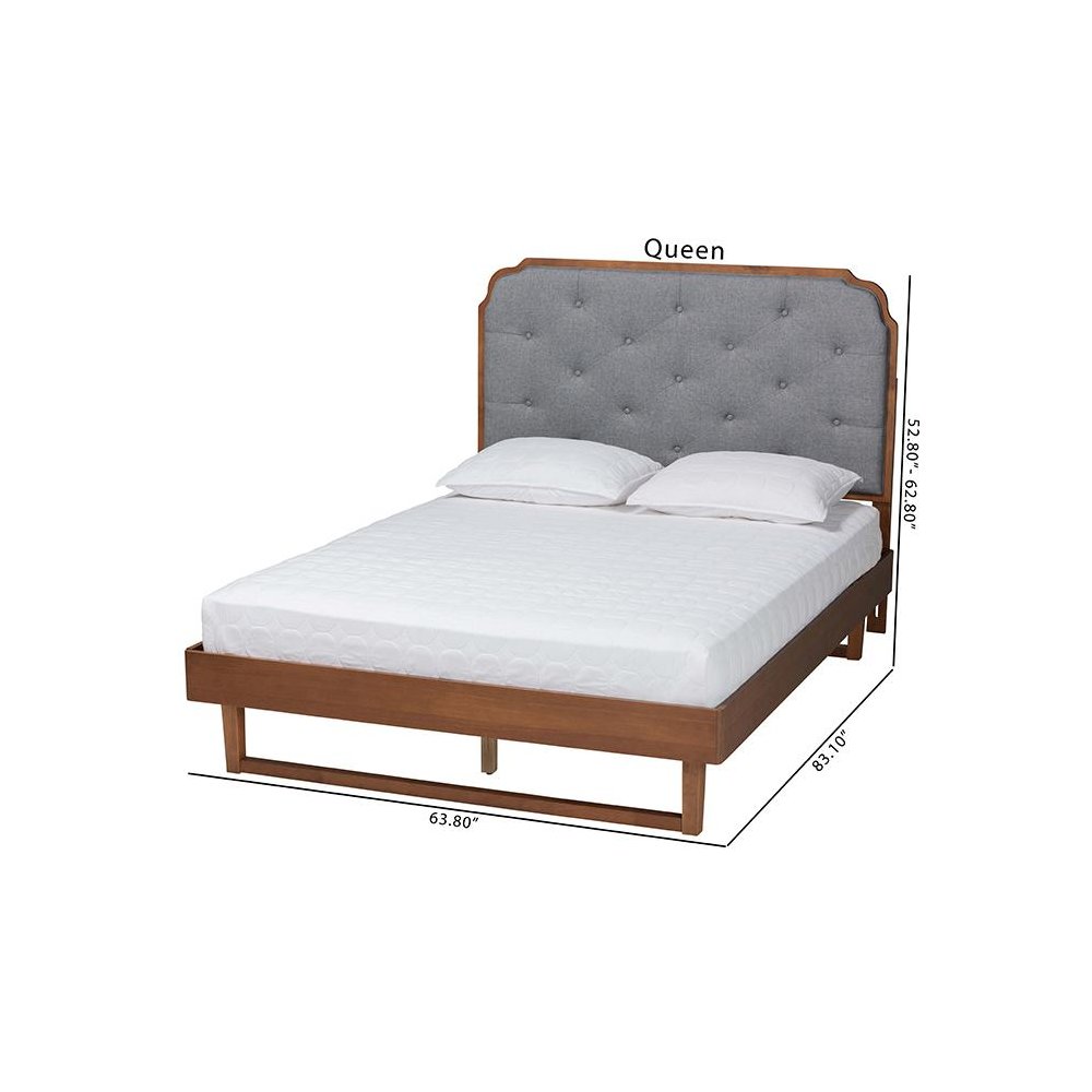 Grey Fabric and Walnut Brown Wood King Size Platform Bed. Picture 9