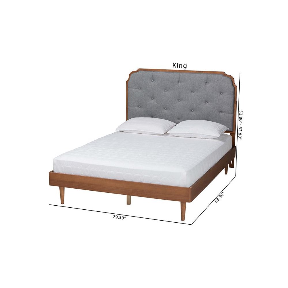 Grey Fabric and Walnut Brown Wood King Size Platform Bed. Picture 10