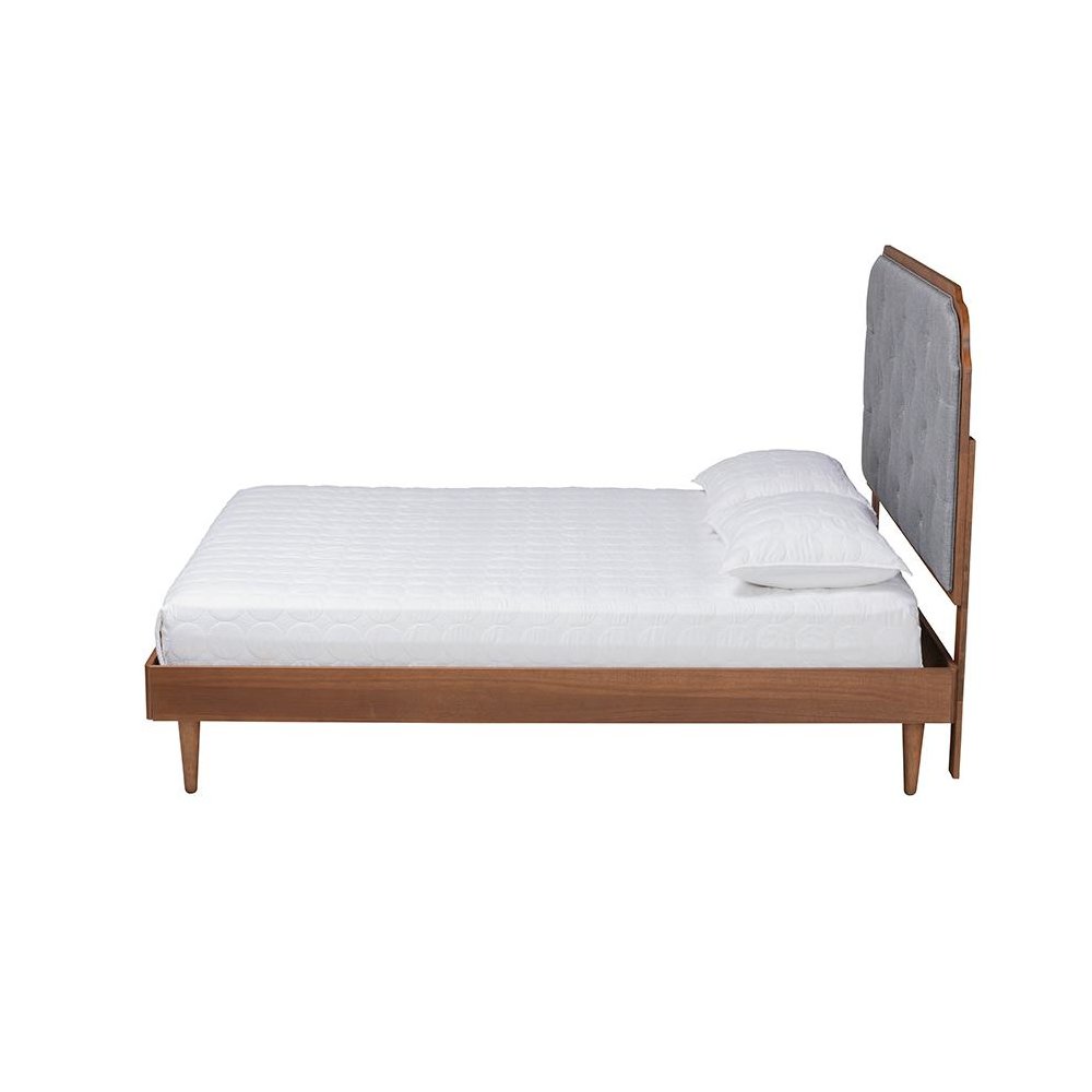 Grey Fabric and Walnut Brown Wood King Size Platform Bed. Picture 2